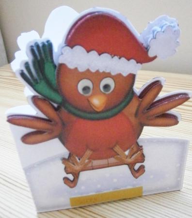 Xmas Sledging Robin Shaped Card with Decoupage by Davina Rundle