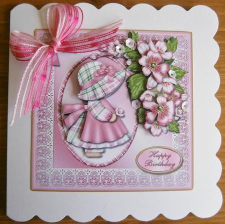 Pink Plaid Sue and Apple Blossoms Card Front by Davina Rundle