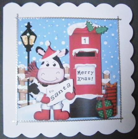 Xmas Milly Moo Cow N Postbox Quick Card N 3D Decoupage by Davina Rundle