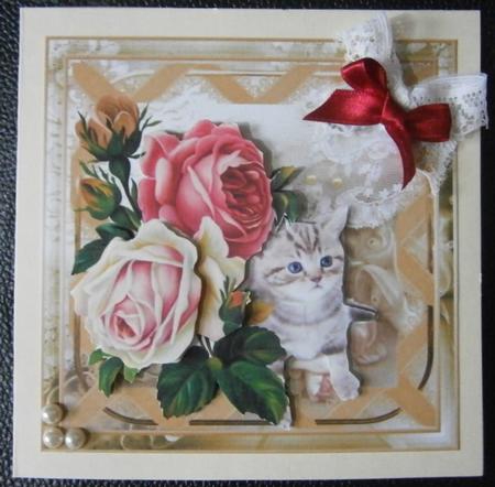 Vintage Rose with Kitten Card Front by Davina Rundle