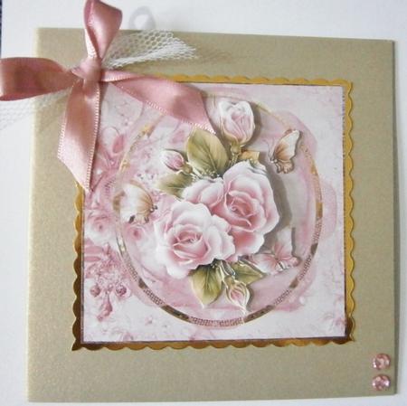 Pink Rose Romance Card Front with Decoupage by Davina Rundle