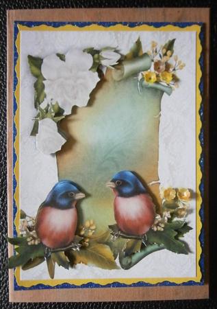 Pretty Birds on a Scroll with White Roses by Davina Rundle