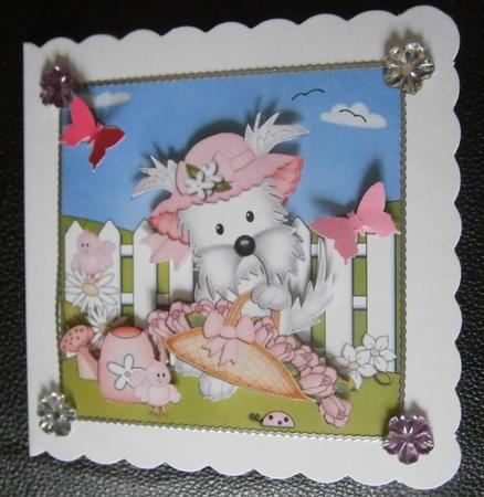 Westie Dog's Bonnet & Basket Quick Card & 3D Decoupage by Davina Rundle