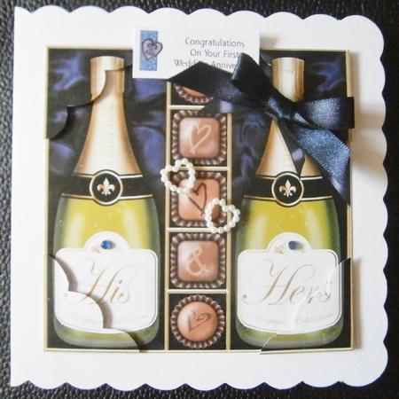 8 x 8 His N Hers Champers N Chocs Scalloped Corner Topper by Davina Rundle