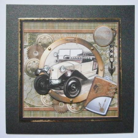 Steampunk Car on Map Birthday Card Topper & Decoupage by Davina Rundle
