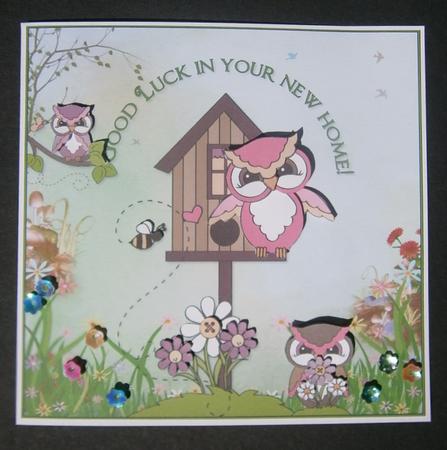 New Home Owl Family Card Front and Decoupage by Davina Rundle
