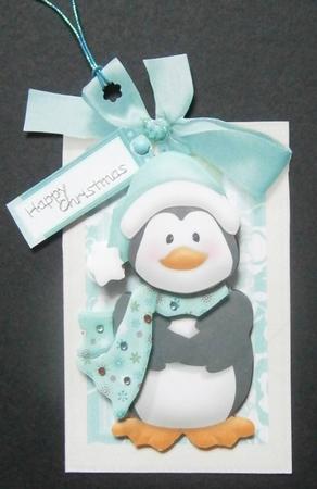 Cute Penguin in Hat and Scarf on a Tag with Bow by Davina Rundle