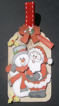 Santa and Snowman on a Tag with Holly Bow by Davina Rundle