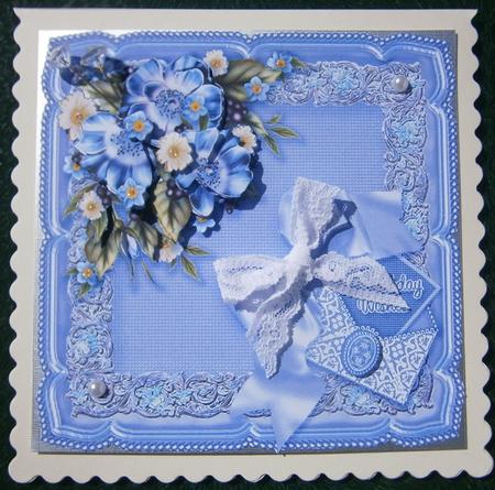 Blue Flowers and Daisies on a Silk Cushion 8in x 8in Decoupa by Davina Rundle