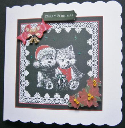 8x8 Black and White Christmas Westies with Poinsettia & Bow by Davina Rundle