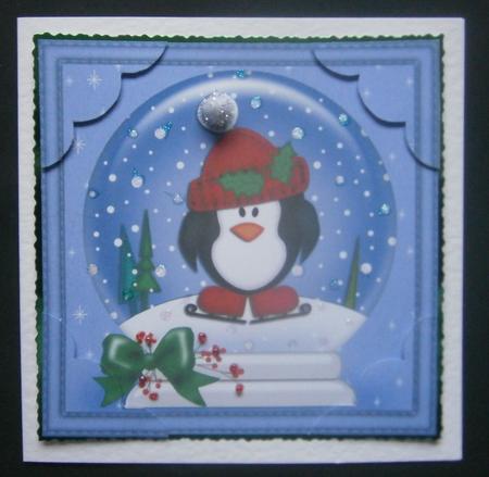 8 x 8 Xmas Skating Penguin Snowglobe Scalloped Corner by Davina Rundle