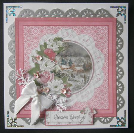 8x8 Winter Cottages Pink Christmas Card with Floral Frame by Davina Rundle