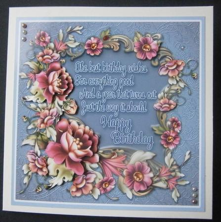 Pretty Flowers in a Blue Frame Birthday 8in x 8in Decoupage by Davina Rundle