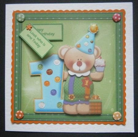 Birthday Clown Teddy Age One Card with Decoupage by Davina Rundle