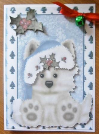 Cute Cream Puppy with Pale Blue Santa Hat by Davina Rundle