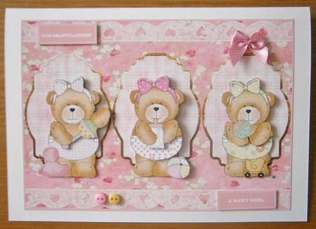 Baby Girl Bears Card with Decoupage by Davina Rundle