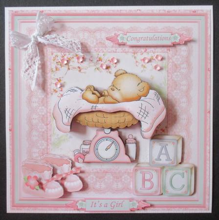 New Baby Girl Bear on Scales Mini Kit & Decoupage by Davina Rundle