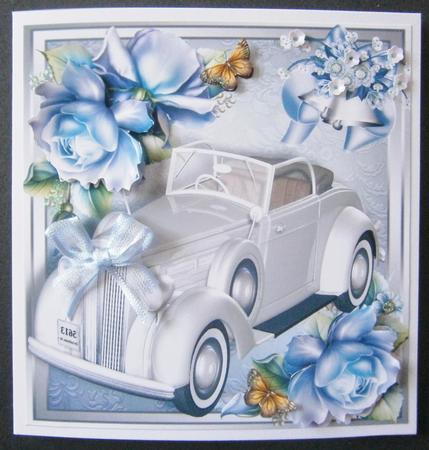 Beautiful Cream Wedding Car with Blue Roses 8x8 by Davina Rundle
