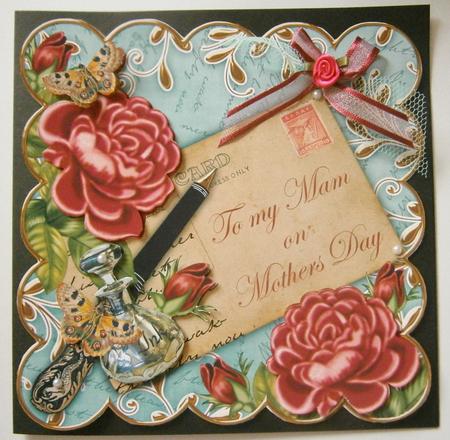 Deep Pink Rose Teal Mam Mothers Day 8in Decoupage Topper by Davina Rundle