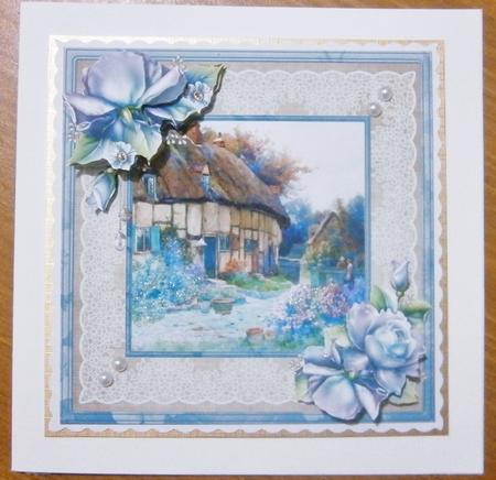 Blue Rose Cottage 8x8 Card with Decoupage by Davina Rundle
