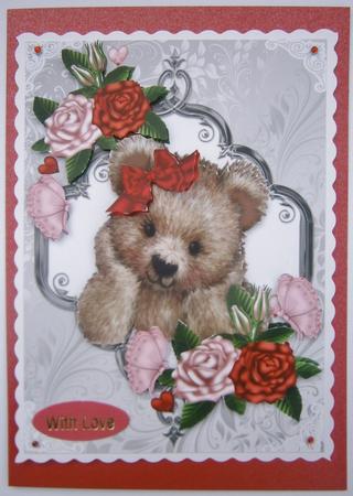 Fuzzy Bear with Red/pink Roses & Butterflies by Davina Rundle