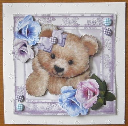 Cute Fuzzy Bear with Pink & Lilac Roses 8x8 Mini Kit by Davina Rundle