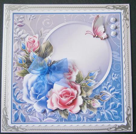 Blue Roses and Butterfly 8in x 8in Decoupage by Davina Rundle
