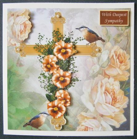 Gold Cross, with Peach Flowers , Roses & Birds 8x8 by Davina Rundle