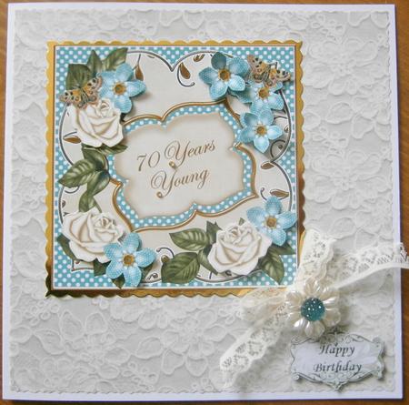 Cream Teal Fmk 70 Years Young 7in Fancy Decoupage Topper by Davina Rundle