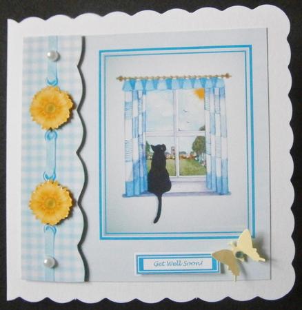 Black Cat in the Summer Window 8 x 8 Decoupage Card Topper by Davina Rundle