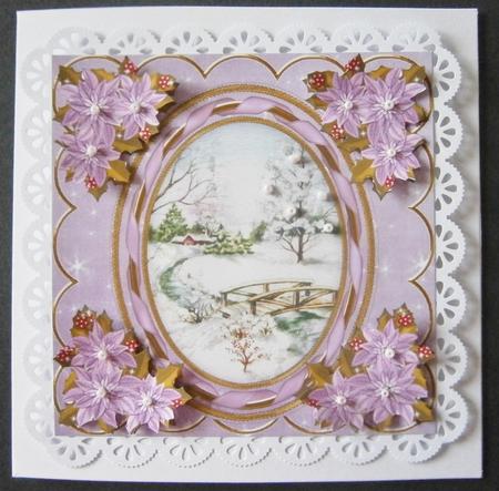 Lilac Snowscene 7in Oval Ribbon Decoupage Topper Sheet by Davina Rundle