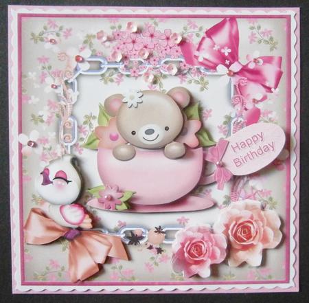 Teacup Bear Flowers and Bows Card Front by Davina Rundle