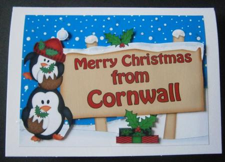 Xmas from Cornwall Penguins Signpost 5x7 Easicut Decoupage by Davina Rundle