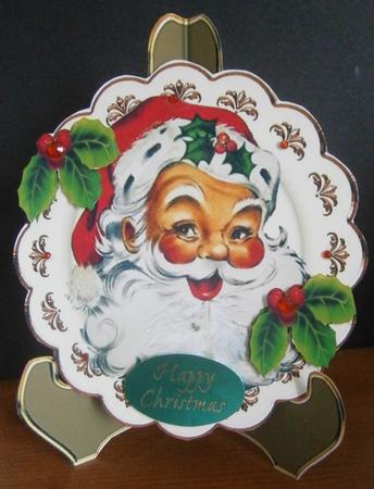 A Happy Jolly Santa with Holly on a Ornate Plate & Stand by Davina Rundle