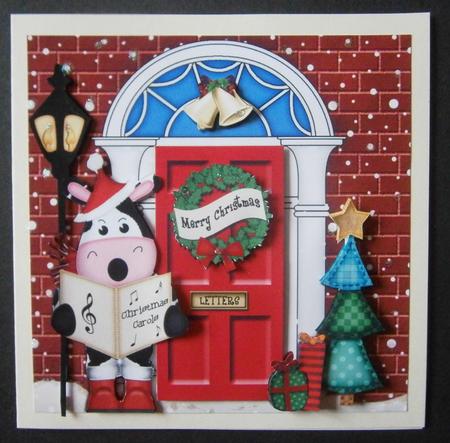 Singing Mily Moo Cow Christmas Door Quick Card 3D Decoupage by Davina Rundle