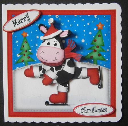 Xmas Skating Milly Moo Cow Quick Card N 3D Decoupage by Davina Rundle
