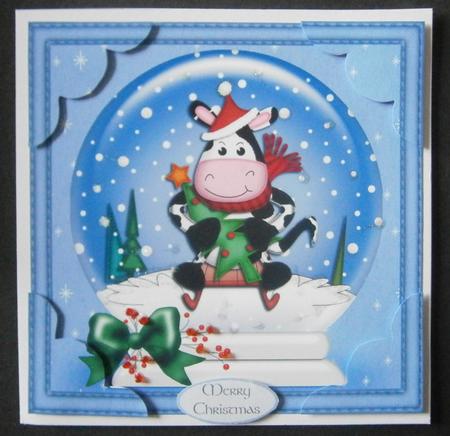 8 x 8 Xmas Sledging Milly Moo Cow Snowglobe Scalloped Corner by Davina Rundle