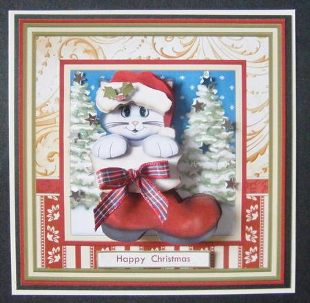 Puss in Santa Boot Christmas Card Mini Kit & Decoupage by Davina Rundle