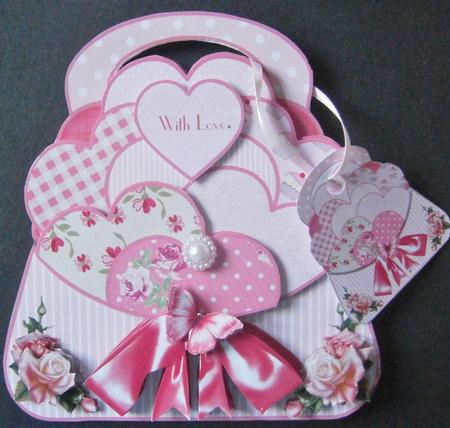 Pink Hearts Stuffed with Love Handbag Shaped Card Kit by Davina Rundle