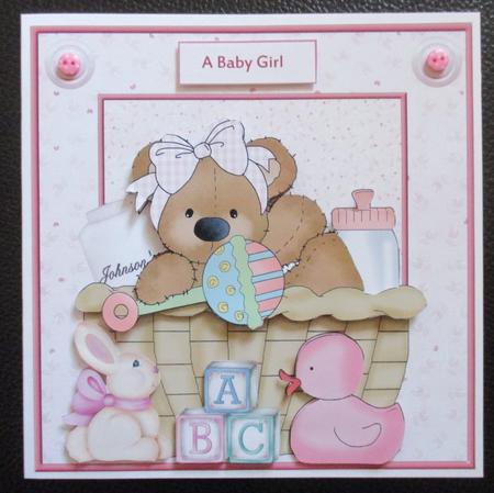 Baby Bear Girl in a Basket Card and Decoupage by Davina Rundle