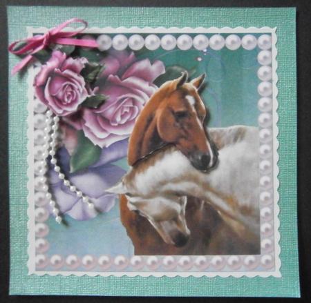 Horses Heads Entwined with Pink Roses & Pearls 8x8 by Davina Rundle