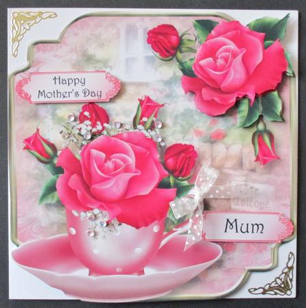 Teacup, Saucer & Deep Pink Roses - Shaped Topper by Davina Rundle