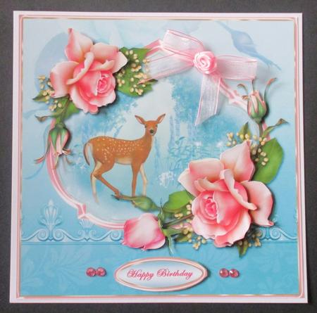 Deer and Pink Roses on Blue Card Front by Davina Rundle