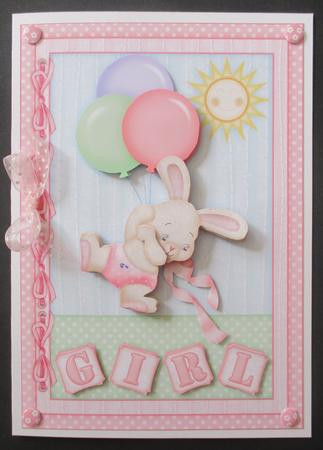 Baby Girl Bunny & Balloons A5 Card Topper & Decoupage by Davina Rundle