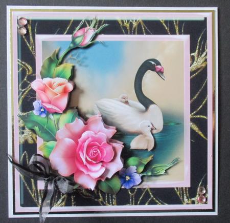 Swan with Cygnets and Roses Card Front by Davina Rundle