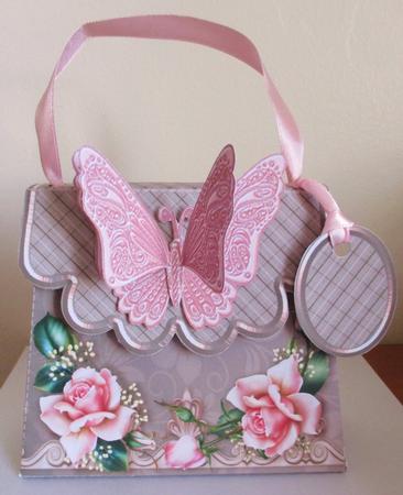 Handbag Gift Box Pink Roses on a Taupe Bgd with Buttefly by Davina Rundle