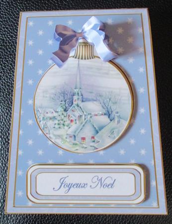 Blue Church Joyeux Noel 5.5inch Bauble Decoupage Card by Davina Rundle