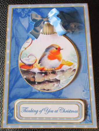 Blue Robin Thinking 5.5inch Bauble Decoupage Card by Davina Rundle