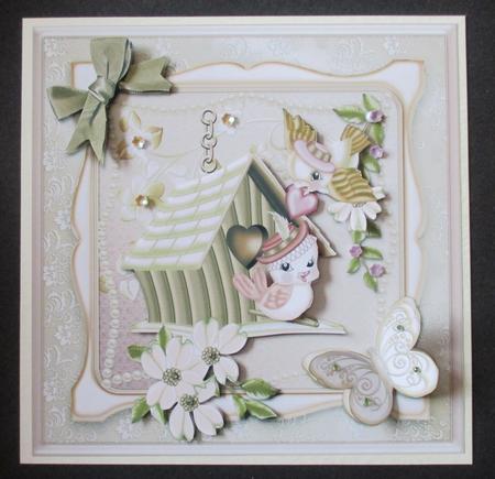 Birdhouse and Birds Square Card Front by Davina Rundle