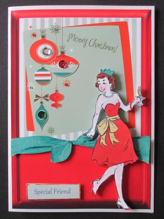 Retro Christmas Lady Enjoying a Drink Card Front by Davina Rundle